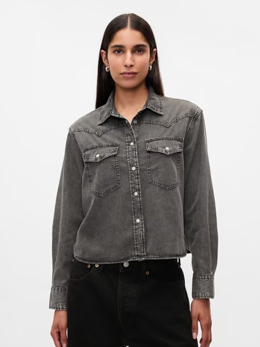 GAP Cropped Western Denim Shirt in Black Wash - XXS